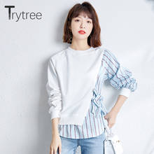 Trytree 2021 Spring Autumn Casual Woman T-shirt O-neck Cotten Blend T-shirt Patchwork Striped Shirt Asymmetric Tops For Women 2024 - buy cheap