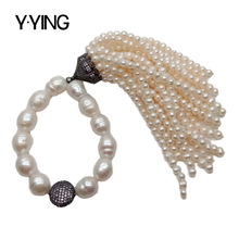 Y·YING White Rice  Freshwater Pearl Cz pave beads Stretch Bracelet Pearl Tassel charm for Women Party Jewelry Accessories 2024 - buy cheap