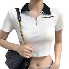 Women Sexy Short T-shirts  Casual Letter Zipper T-shirts Summer Wild  Short Sleeve Lapel Tee Tops  Crop Tops 2024 - buy cheap