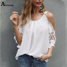 Plus Size Women Tops Clothing 2021 New Patchwork Lace Shirt Hollow Out Sleeve White Blouse Streetwear Ladies Casual Pullovers 2024 - buy cheap