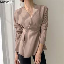2020 Autumn Korean Vintage V-neck Blouses Tunics Women Long Sleeve Belted Shirts Tops Fashion Office Workwear Elegant Blusas 2024 - buy cheap