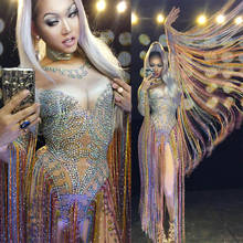 Roupa feminina multicolorida de strass com borla, macacão de cristais brilhantes, sexy, longa, para dança no palco, cantor 2024 - compre barato
