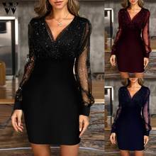 Womail Dress Women sequin V-Neck retro elegant Semi Sheer Mesh Sleeve black Lantern Sleeve dress Bodycon Club Celebrity Party 2024 - buy cheap