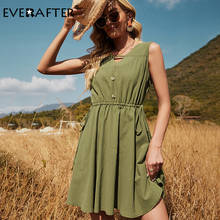 EVERAFTER Casual Sleeveless Solid A-line Midi Dress Women V-neck Buttons Drawstring Green Dresses Summer Vintage Lady Dress 2021 2024 - buy cheap