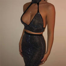 Black Shiny Rhinestone Two Piece Set Sexy Halter Choker Backless Zipper Crop Top Elastic Waist Skirt Hot Clubwear 2 Pcs Outfits 2024 - buy cheap