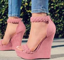Dipsloot Girls Cute Pink Suede Thick Platform Sandals Woman Cover Heel Zipper Back Woven High Heel Wedge Sandals Plus Size 2024 - buy cheap