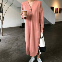Oversize Women soft Autumn long sleeve Long Sweater Dress ladies V Neck split straight pullover brief dresses with buttons 2024 - buy cheap