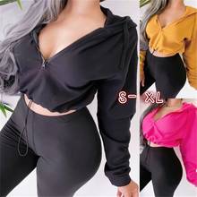 Autumn Black Sweatshirts Long Sleeve V-neck Crop Top Lady Solid Streetwear Loose Bottom Drawstring Zip Up 2021 2024 - buy cheap