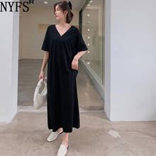 Nyfs 2021 coreano novo vestido de verão solto grande tamanho com decote em v vestido longo vestido de mujer robe elbise algodão sólido vestido de mulher 2024 - compre barato