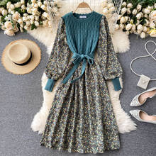2021 New Spring Women Korean Knitted Dress Casual O Neck Puff Sleeve Patchwork A Line Boho Dress Vintage Print Floral Long Dress 2024 - buy cheap