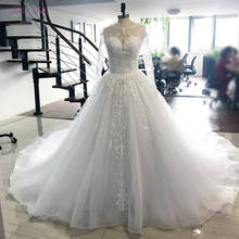 Yukui vestido de noiva luxuoso linha, cauda real de uma linha, com pérolas elegantes, manga longa, botões de fechamento, vestido de noiva 2024 - compre barato