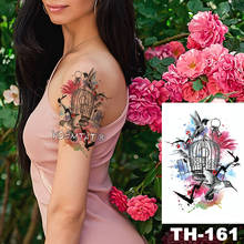 Pegatina de tatuaje temporal a prueba de agua, patrón de llave de jaula de pájaros, transferencia de agua, flor de acuarela, Brid, arte corporal, tatuaje falso 2024 - compra barato