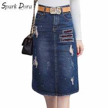 SparkDora 2020 new brand Vintage Denim Skirt Slim Office Skirt Sexy A-line Skirt Midi Women Ripped Prints jeans skirt faldas 2024 - buy cheap