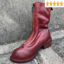 Pleated Womens Genuine Leather Vintage Mid Booties Round Toe Front Zipper Slim Fashion Casual Female Cowhide Boots Streetwear 2024 - buy cheap