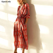 Винтажный Длинный кардиган GypsyLady, красное кимоно с цветочным принтом и длинными рукавами, блузки в богемном стиле с поясом для девочек, праздничный топ-бикини с карманами на осень 2024 - купить недорого
