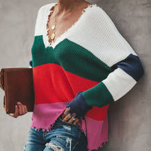 Autumn Winter Knitted Rainbow Sexy Sweater Women Deep V-neck Striped Long Sleeve Plus Size Pullover Sweaters Color Block Sweater 2024 - buy cheap