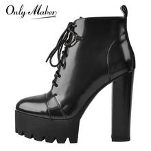 Onlymaker Platform Lace Up Round Toe Black white Patent Leather  Chunky  High Heels Ankle Booties Big Size lady Short Boots 2024 - buy cheap