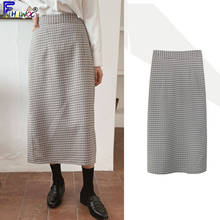 Womens High Elastic Waist Skirt Korea Style Design Hot Sales Split Cute A-line Plaid Winter Long Skirt 10214 2024 - buy cheap