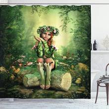 Cortina de ducha de hadas, decoración de baño de tela con ganchos, arte de computadora, elfo, niña con corona en la cabeza sentado en un tocón de árbol 2024 - compra barato