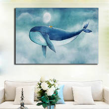 Pintura moderna de tela baleia azul, adorável, desenho marítimo, poster e impressões, decoração de casa, quadros, imagem de parede para crianças 2024 - compre barato