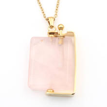 FYJS Unique Jewelry Stainless Steel Natural Rose Pink Quartz Perfume Bottle Rectangle Shape Pendant Gold Color Necklace 2024 - buy cheap
