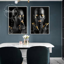 Cuadros artísticos de pared para sala de estar, Sexy mujer africana negra con labios dorados, lienzo de impresión HD, pinturas de decoración del hogar 2024 - compra barato