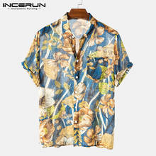 INCERUN Short Sleeve Men Hawaiian Shirt Flower Print Streetwear Lapel Vacation Camisa Masculina 2021 Summer Casual Beach Blouse 2024 - buy cheap