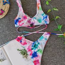 Women Sexy 2 Piece Bikini Set Rainbow Tie-Dye Print Swimsuit Hollow Crisscross Strappy Tie Back Brazilian Bathing Suit 2024 - buy cheap