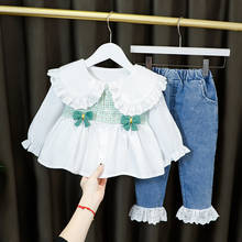 Conjunto de roupas fashion de manga longa + calça jeans, roupas casuais de primavera e outono para meninas crianças 2024 - compre barato