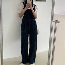 Комбинезон женский джинсовый с широкими штанинами, игривый милый свободный винтажный повседневный комбинезон из денима с завышенной талией, комбинезоны прямого силуэта в Корейском стиле 2024 - купить недорого