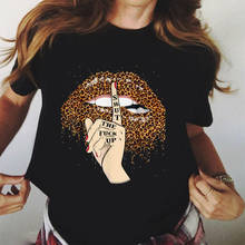 Camiseta con estampado de labios y leopardo para mujer, ropa básica con cuello redondo, negra, divertida, 2020 2024 - compra barato