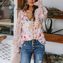 Phantasy nova impressão floral feminina topos moda lanterna manga longa casual solto camisas 2021 verão sexy v-neck bandagem casual topo 2024 - compre barato