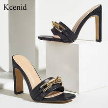 Kcenid New Summer Elegant Women's Slippers Fashion Metal Chain Decoration Square Toe High Heels Mules Slides Pumps Ladies Shoes 2024 - buy cheap