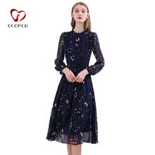 Vestido de gasa Floral azul para mujer, elegante, informal, de cintura alta, manga larga, para primavera y otoño 2024 - compra barato