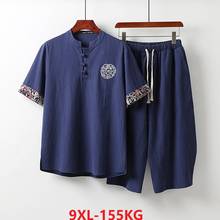 Verão estilo chinês tshirt e shorts de linho floral homem plus size vintage tang terno tshirt oversize manga curta 7xl 8xl9xl 2024 - compre barato