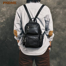 PNDME casual genuine leather men's women's small backpack multi-function multi-pocket soft cowhide luxury black daily chest bag 2024 - buy cheap