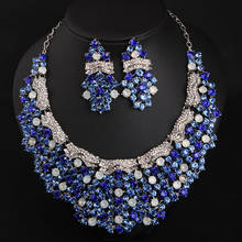 Luxo azul gem strass conjuntos de jóias cristal colar brinco conjunto nupcial festa casamento feminino indiano gargantilha bib presente 2024 - compre barato