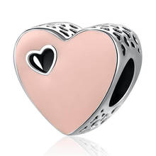 S925 Silver Bead Pink Enamel Sweet Love Heart Charms fit Pandora Bracelet Bangle DIY Jewelry 2024 - buy cheap