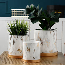 Vaso de plantas suculentas padrão de mármore dourado, pote com bandeja de cerâmica cilíndrica, vaso de flores para casa natal, decoração de ano novo 2024 - compre barato
