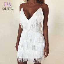 EvaQueen Tassel Spaghetti Strap vestido Sexy mujeres cuello pico sin mangas blanco negro fiesta verano vestido elegante Club Mini Vestidos 2024 - compra barato