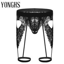 Mens Lingerie Panties See Through Floral Lace Open Butt Bulge Pouch Cutout Bikini G-string Thong Underwear with Leg Garters Band 2024 - buy cheap