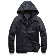 Jaqueta masculina de couro preto com capuz, casaco de couro preto com corta-vento casual de primavera para motociclista, outono 2024 - compre barato