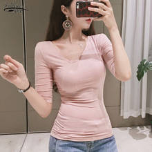 Blusa de verão estilo coreano mulheres casual, manga curta, rosa, preto, camisas femininas slim fit gola v, pulôver, roupas femininas, 9272, 50 2024 - compre barato