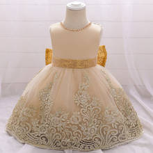 0-24M Gold Flower Embroidery 1st Birthday Dress For Baby Girl Clothes Golden Bow Princess Dresses Baptism Dress Infant Vestidos 2024 - купить недорого