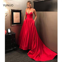 YUNUO-Vestido largo de satén para fiesta de noche, traje Formal con tirantes finos, rojo, con bolsillos, sencillo 2024 - compra barato