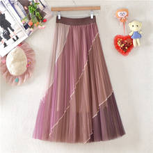 New Women's Color Contrast Mesh Skirt Medium Length Pleated Skirt A-line Elastic WaistSkirt 2024 - buy cheap