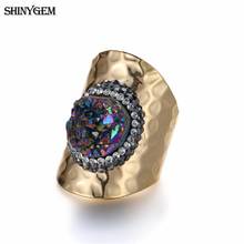 Shinygem sparkling irregular arco-íris cristal druzy anéis de dedo chapeamento de ouro exagerados grandes anéis de pedra natural para mulher 5pcs 2024 - compre barato