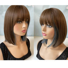 Hywamply 12" Synthetic Classy Short Bob Wigs with Bangs Black Brown Natural Look Women's Wigs Daily Wear Straight Hair Wig 2024 - buy cheap