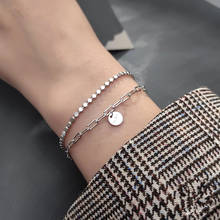 Pulseira e bracelete de prata esterlina 925, modelo feminino com duas camadas de corrente e pingentes redondos sl262, joias para casamento 2024 - compre barato