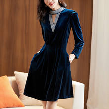 Autumn Winter Women Vintage Velvet Dress Elegant Fashion Stand collar Embroidery Solid Office Lady A-line Dresses Blue Black 2024 - buy cheap